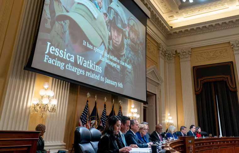 An of Jessica Watkins is displayed along with her audio  during a hearing by the House Select Committee to investigate the January 6th attack on the Capitol