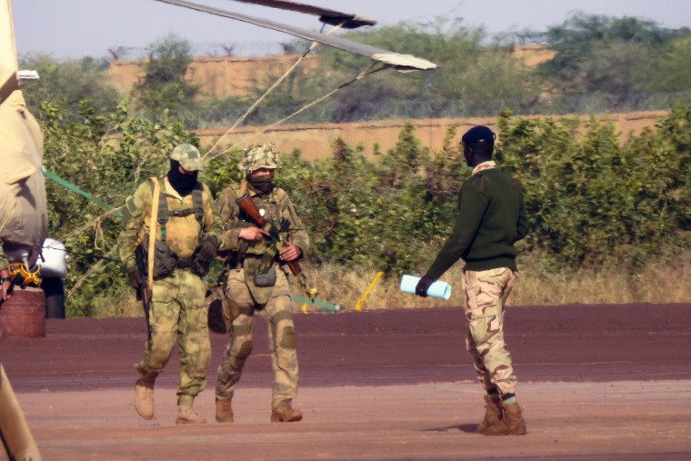 This undated photograph handed out by French military shows Russian mercenaries, in northern Mali. Western officials say violence against civilians in Mali has risen in the year since hundreds of Russian mercenaries have started working alongside the West African country's armed forces to stem a decade-long insurgency by Islamic extremists. Diplomats, analysts and human rights groups say extremists linked to al-Qaida and the Islamic State group have only gotten stronger and there's concern the Russian presence will further destabilize the already-troubled region.