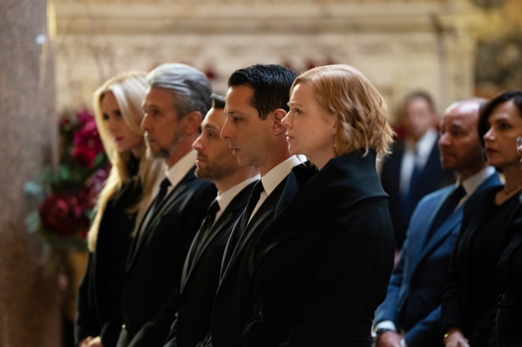Justine Lupe, Alan Ruck, Kieran Culkin, Jeremy Strong, and Sarah Snook appear in a funeral scene in "Succession."