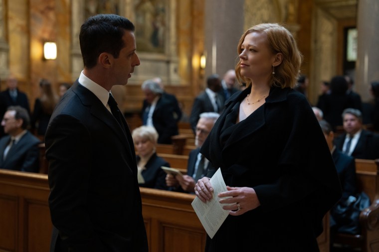 Jeremy Strong and Sarah Snook speak during funeral scene in "Succession."