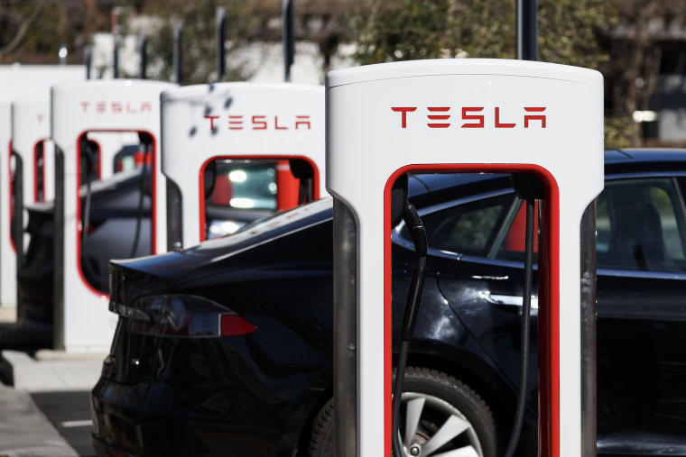 Tesla Superchargers in San Rafael, Calif. on February 15, 2023.