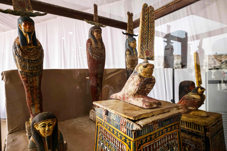 Objects are displayed at the Saqqara necropolis in Egypt