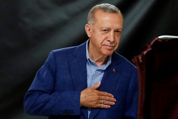 Turkish President Recep Tayyip Erdogan at a polling station on the day of the presidential runoff vote in Istanbul on May 28, 2023.