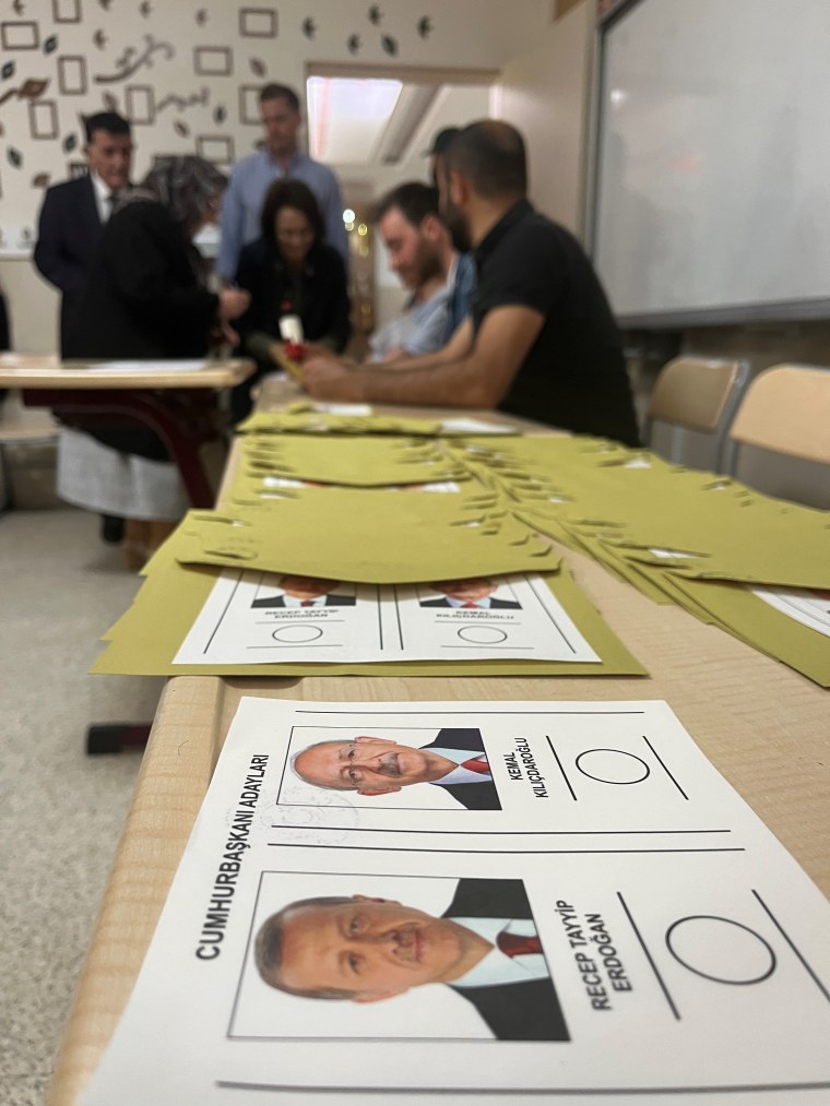 Ballot papers for the Turkish presidential election at the Arjantin İlkokulu elementary in Turkey's capital, Ankara. 