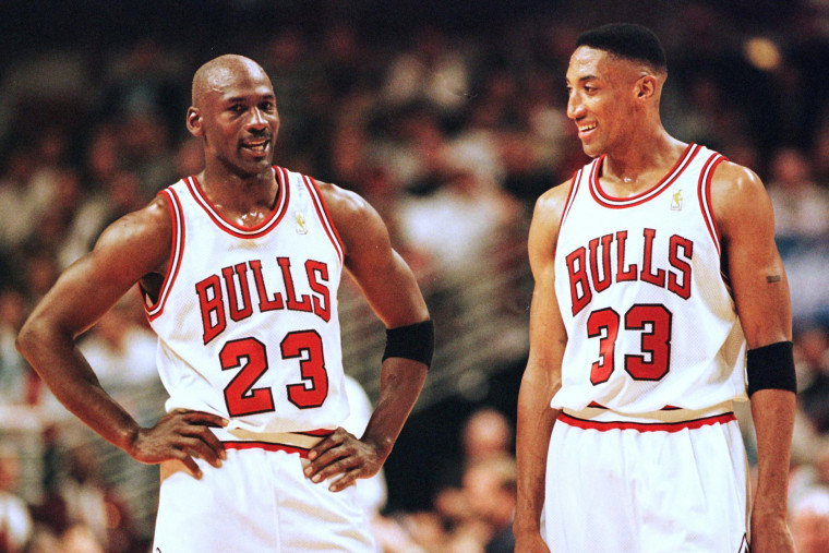 Michael Jordan and Scottie Pippen of the Chicago Bulls during a game against the Miami Heat in Chicago on May 22, 1997.