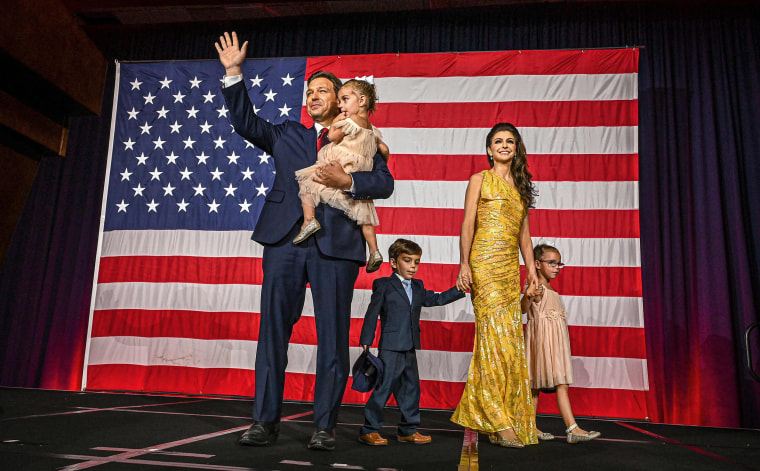 Ron DeSantis with his wife Casey and children Madison, Mason and Mamie at an election night watch party in Tampa, Fla, on Nov. 8, 2022. 
