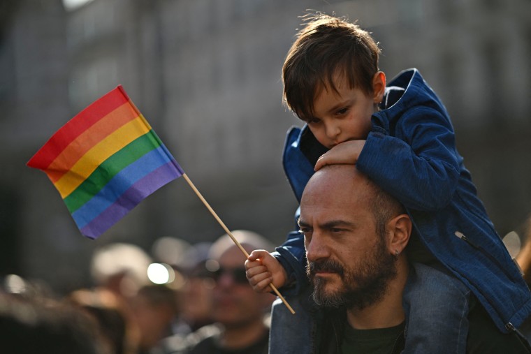 A demonstration in Milan against moves by Italy's right-wing government to restrict the rights of same-sex parents on March 18, 2023. 