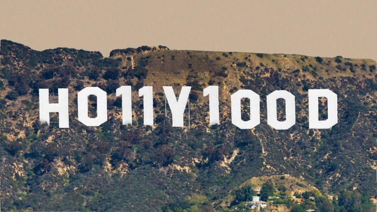 Ilustración del icónico letrero de Hollywood sobre Los Ángeles, excepto que las eles y la doble v de Hollywood están remplazadas por un 1, como si fuera código binario, en representación de intentos de usar tecnología como inteligencia artificial en la industria creativa