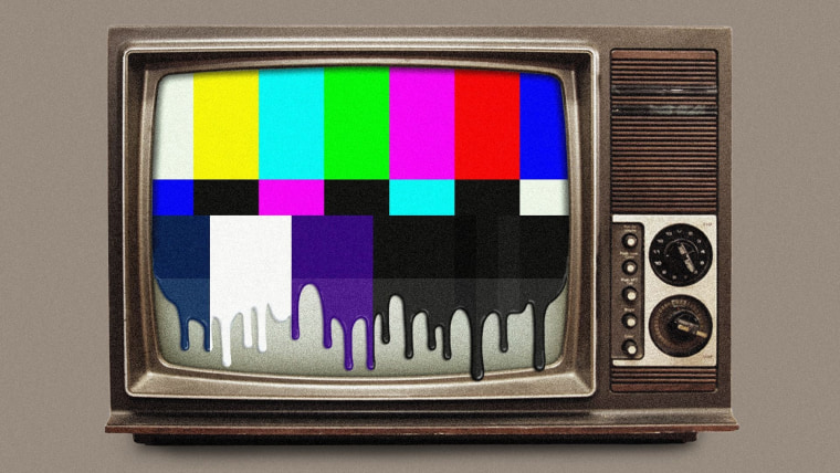 Ilustración de una televisión de modelo antiguo como en los años 50 donde el color en la pantalla se está derritiendo