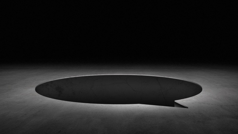 Ilustración de un hoyo negro en un piso. El hoyo está en forma de burbuja de texto 
