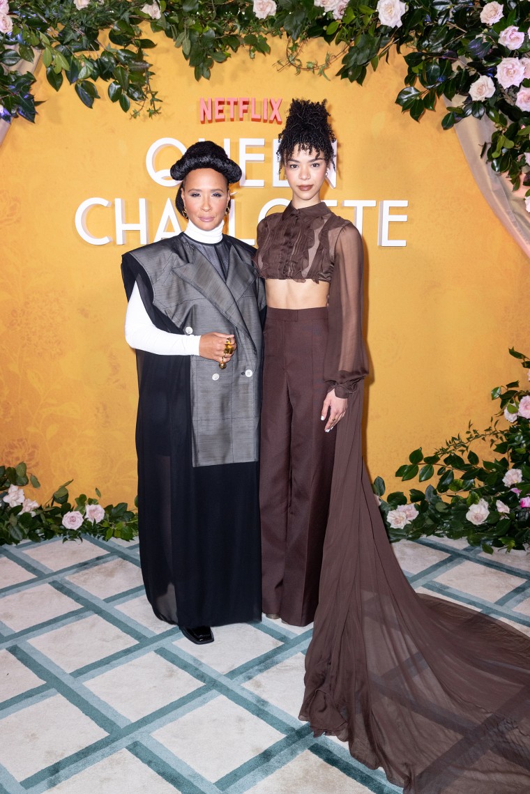 Golda Rosheuvel and India Ria Amarteifio attend a "Queen Charlotte: A Bridgerton Story" press event at Claridges on February 14, 2023 in London, England.