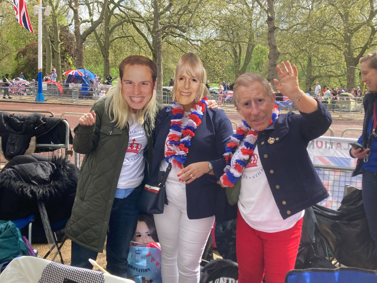From left: Lesley McCrowyn, Julie Miller and Gillian Hunter, all from Belfast, Northern Ireland, have been ready for the coronation on The Mall in London since Friday.