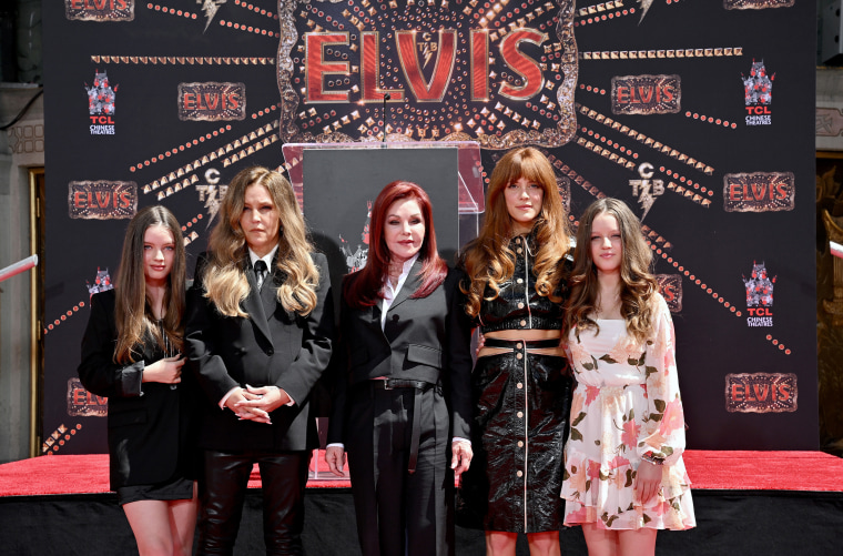 Harper Vivienne Ann Lockwood, Lisa Marie Presley, Priscilla Presley, Riley Keough, and Finley Aaron Love Lockwood attend the Handprint Ceremony honoring Three Generations of Presley's at TCL Chinese Theatre on June 21, 2022 in Hollywood, California. 