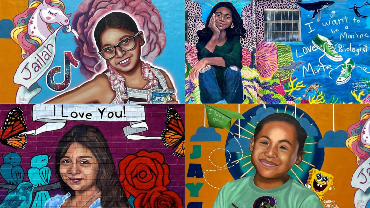 Coloridos murales en honor a cuatro de las 21 víctimas del tiroteo en la escuela primaria Robb de Uvalde, Texas. Hay un mural por cada una de las víctimas mortales.