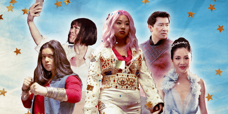 Photo Illustration: (L-R) Iman Vellani as Kamala Khan in "Ms. Marvel," Ali Wong as Amy Lau in "Beef," Stephani Hsu as Jobu Tupaki in "Everything Everywhere All At Once," Simu Liu as Shang-Chi, and Constance Wu in "Crazy Rich Asians"
