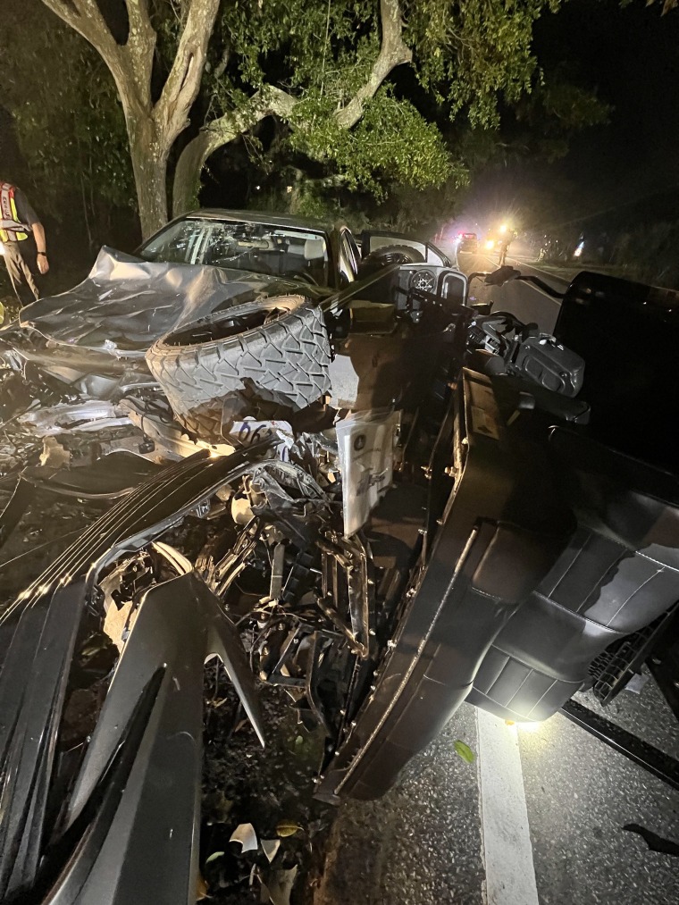 Samantha Miller, 34, on her wedding night after the golf cart she was riding in (seen above) was struck by a suspected drunk driver in Folly Beach, South Carolina.