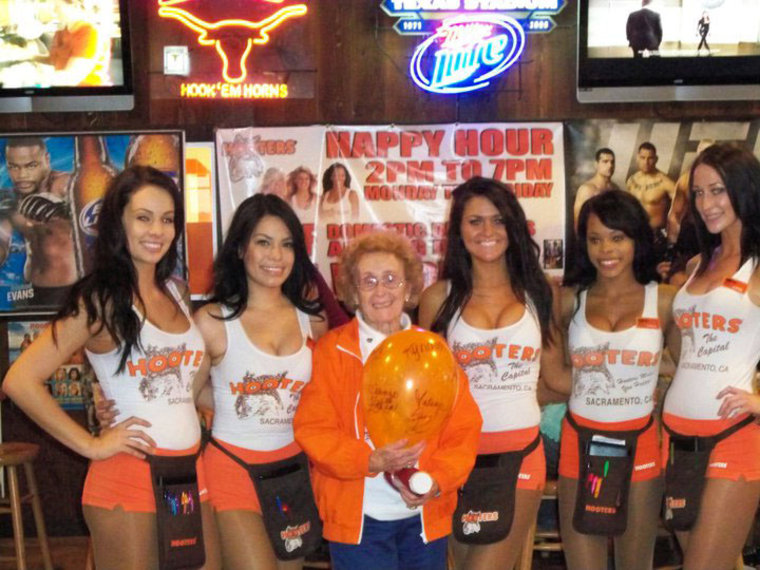 Marian celebrating 91st birthday at Hooters in 2011