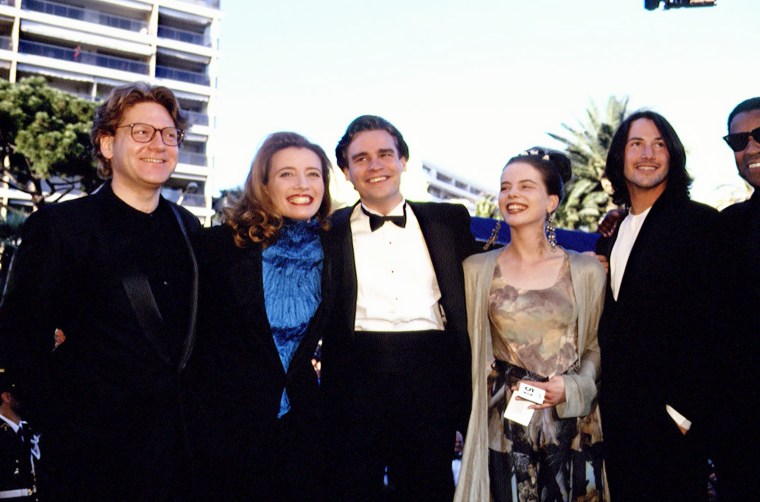 Kenneth Branagh, Emma Thompson, Robert Sean Leonard,  Kate Beckinsale, Keanu Reeves, and Denzel Washington during a photocall for the movie "Much ado about nothing" at the 46th edition of the Cannes Film Festival on May 21, 1993 in Cannes, France.