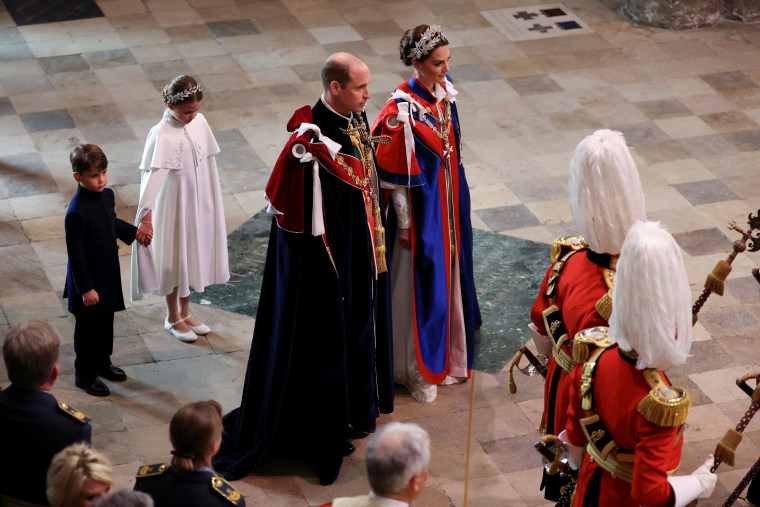 Britain's Prince William, Prince of Wales, Britain's Catherine, Princess of Wales, Britain's Princess Charlotte of Wales and Britain's Prince Louis of Wales