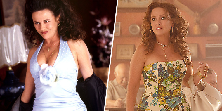 Gia Carides as Cousin Nikki in My Big Fat Greek Wedding in 2002 and in 2023.