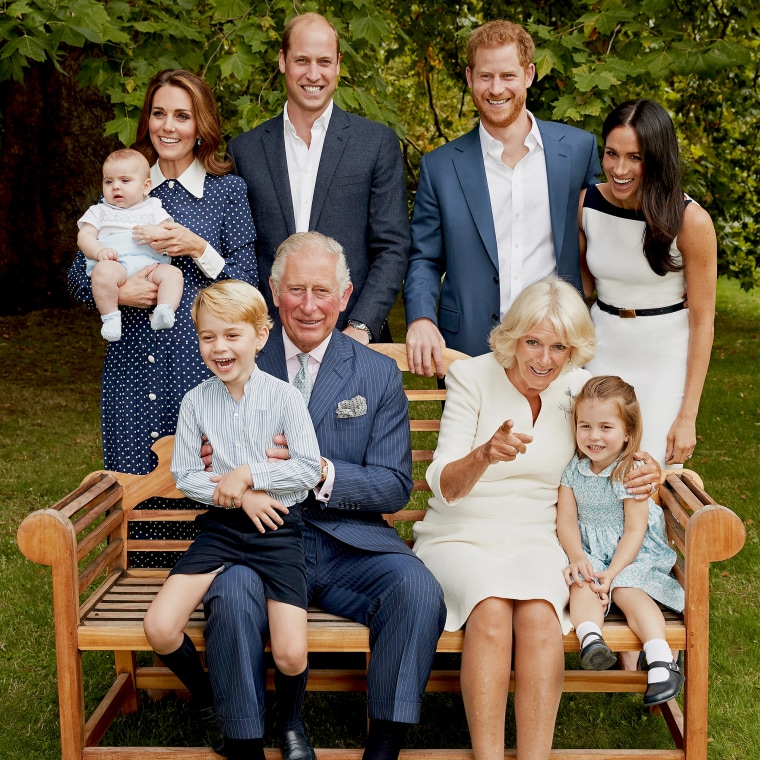 Charles and Camilla pose with Prince William and his wife Catherine' and their three kids: George, Charlotte and Louis at Charles' 70th birthday party.