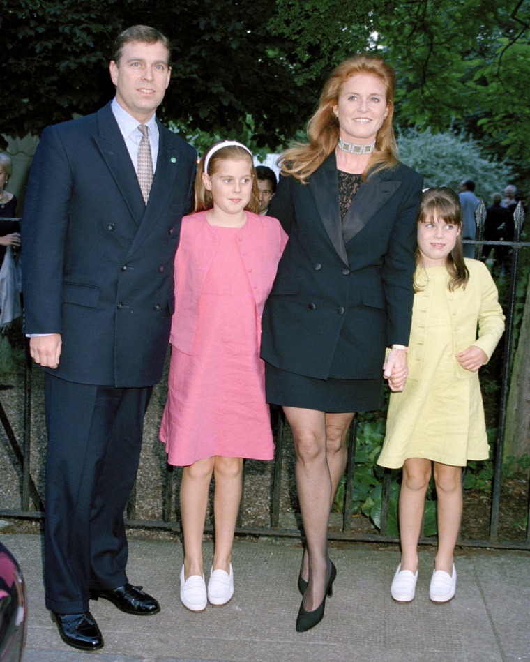 Prince Andrew and Sarah, Duchess of York, with their children, Princess Beatrice of York and Princess Eugenie, in 1999