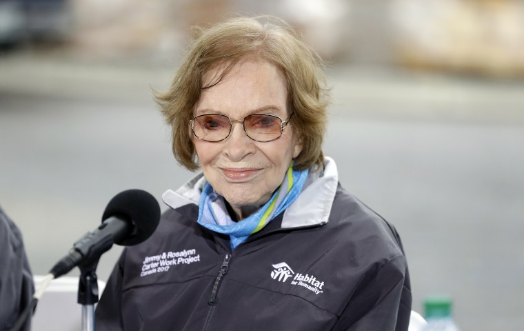 Former First Lady Rosaylnn Carter answers questions during a news conference at a Habitat for Humanity project on October 7, 2019, in Nashville, Tenn.