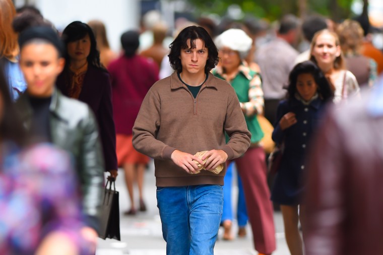 Tom Holland filming "The Crowded Room" in Manhattan on July 5, 2022 in New York City.