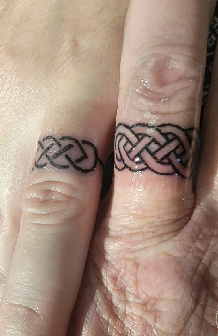 Jamie West and Drew Schmitt's wedding ring tattoos.