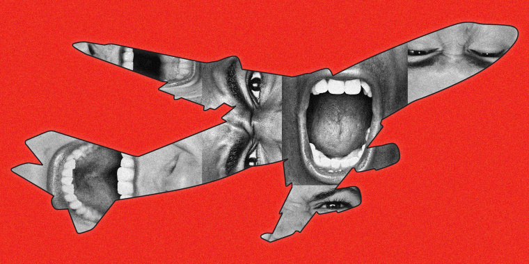 Airplane-shaped black and white collage of different angry facial features such as screaming mouths and furrowed brows over a red background.