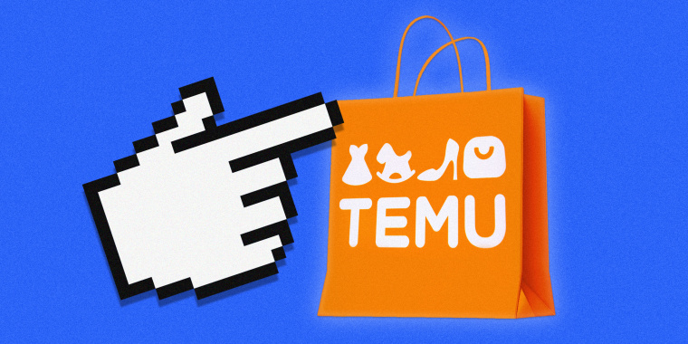 An orange shopping bag with the Temu logo is clicked on by an oversized computer cursor hand icon.