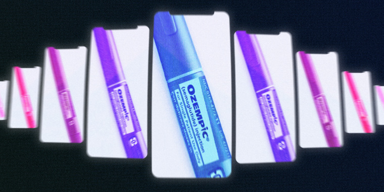 Nine glowing phone screens showing closeups of the Ozempic logo on the drug's packaging.