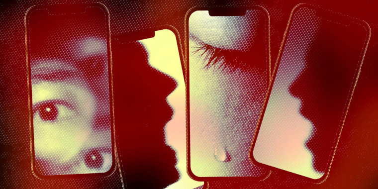 Photo Illustration: Four phone screens showing different images, including a silhouette of a man yell and a woman crying