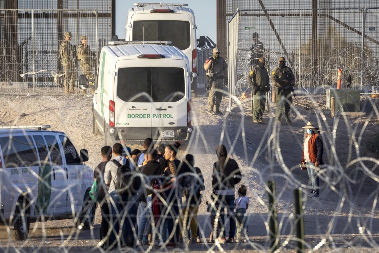 A U.S. Border Patrol vehicles take away groups of vulnerable immigrants, including unaccompanied minors who had crossed over from Mexico on May 09, 2023 in El Paso, Texas. A surge of immigrants is expected with the end of the U.S. government's Covid-era Title 42 policy, which for the past three years has allowed for the quick expulsion of irregular migrants entering the country.