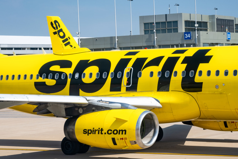 A Spirit Airlines plane at Austin-Bergstrom International Airport in Austin, Texas, on March 11, 2023.