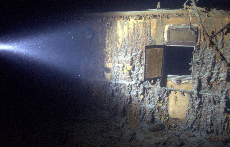 Image: An open hatch on Titanic's hull during a 2003 expedition.