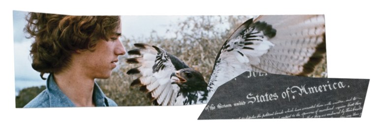 Photo collage of Robert F. Kennedy holding a falcon in his youth; a clipping of the Declaration of Independence.