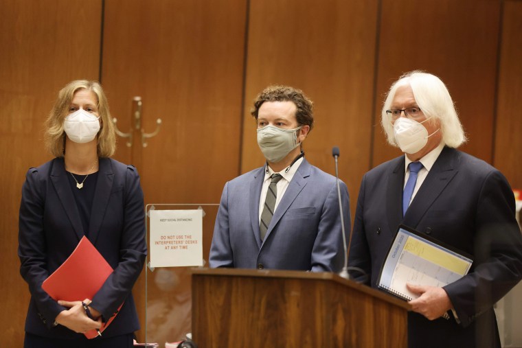 Danny Masterson with his lawyers Thomas Mesereau and Sharon Appelbaum as he is arraigned on three rape charges in separate incidents in 2001 and 2003, at Los Angeles Superior Court on  Sept. 18, 2020.