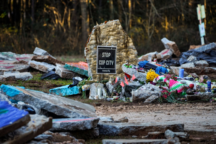 A makeshift memorial for environmental activist Manuel Teran, who was deadly assaulted by law enforcement during a raid to clear the construction site of a police training facility that activists have nicknamed "Cop City" near Atlanta, Georgia on Feb. 6, 2023.