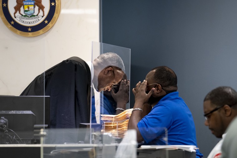 Judge Shawn K. Jacque holds housing court in the 36th District Court in Detroit on June 5, 2023.