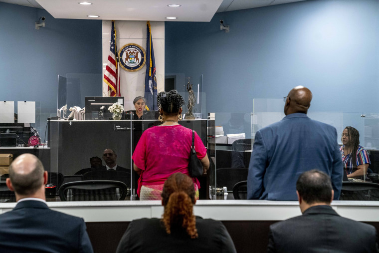 Judge Christina V. Kennedy presided over housing court in the 36th District Court in Detroit on Monday as it reopened for in-person hearings for the first time since the Covid pandemic.