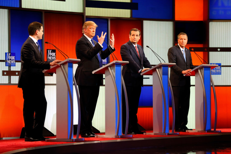 Sen. Marco Rubio, R-Fla., Donald Trump, Sen. Ted Cruz, R-Texas, and Ohio Gov. John Kasich during a Republican presidential primary debate on March 3, 2016, in Detroit.