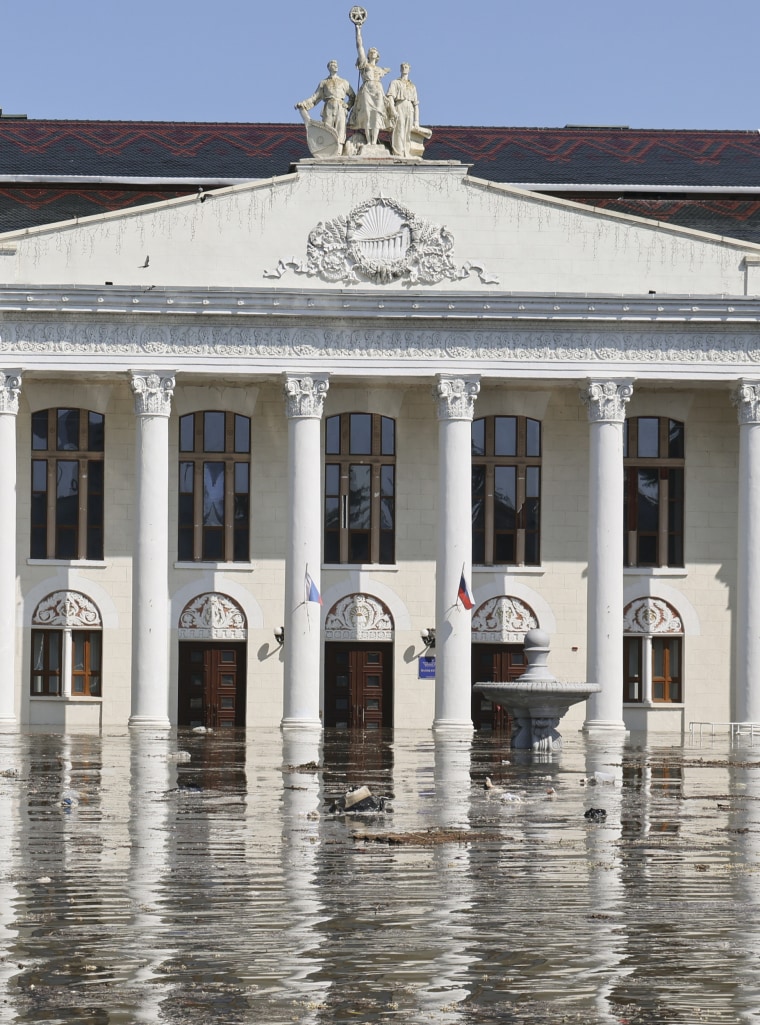 Floodwater reaches the community center in Novaya Kakhovka after a dam breach at the Kakhovka Hydroelectric Power Plant