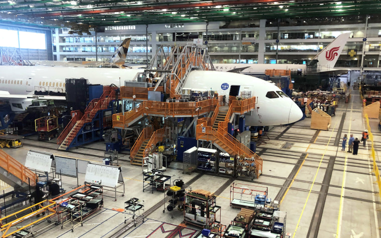 Boeing 787 Dreamliners are built at an assembly plant