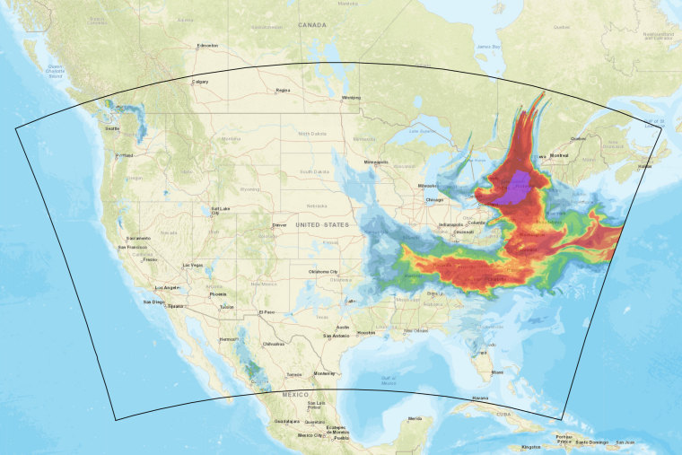 A screenshot of a radar-based analysis by the National Oceanic and Atmospheric Administration taken on Tuesday late afternoon ET shows near-surface smoke over the U.S.