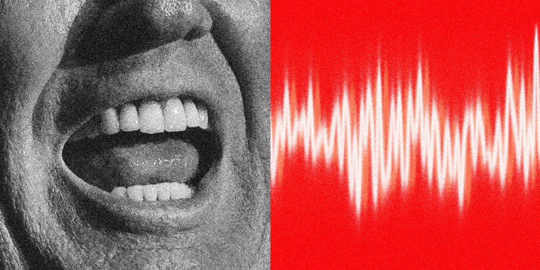 Photo Illustration: An extreme close-up image of Donald Trump's open mouth next to sound waves