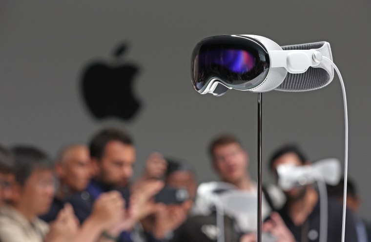 The new Apple Vision Pro headset is displayed during the Apple Worldwide Developers Conference on June 5, 2023 in Cupertino, Calif.