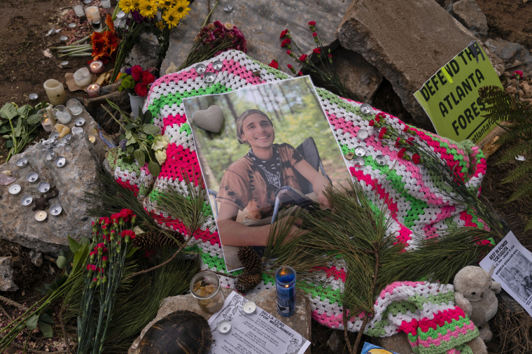 A photo of Manuel Teran, who was shot and killed by a Georgia State Trooper, at a makeshift memorial in Weelaunee People's park on Jan. 21, 2023 in Atlanta.