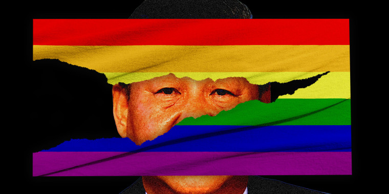 Chinese President Xi Jinping behind a tattered Pride flag 