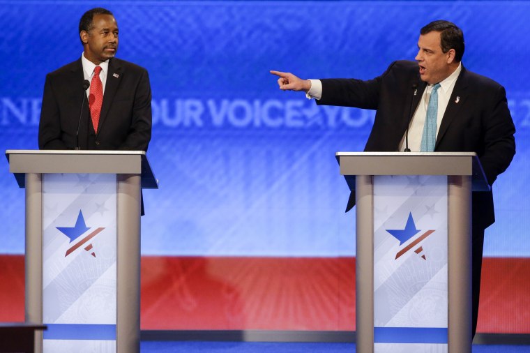 Republican presidential candidate New Jersey Gov. Chris Christie  points toward Republican presidential candidate Sen. Marco Rubio, R-Fla., at the other end of the stage during a debate in Manchester, N.H., on Feb. 6, 2016.